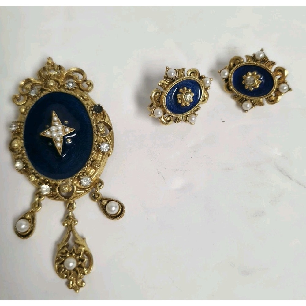 Vtg Signed FLORENZA Victorian Revival Blue Enamel Faux Pearl Brooch Earrings Set
